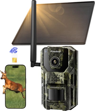 Usogood 4G Wildcamera met Zonnepaneel Oplaadbaar - Wildcamera met Nachtzicht - Incl. SIM Card - 7800 mAh Batterij - Geen wifi - Wildcamera Voor Buiten - Oplaadbaar - Wildlife camera - Smartphone App