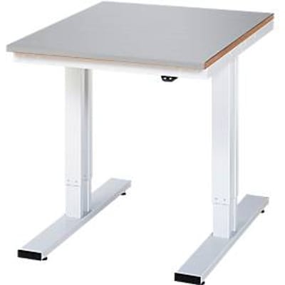 Rau werktafel Adlatus, elektrisch in hoogte verstelbaar, 25 mm MDF-plaat met roestvrijstalen coating, tot 300 kg, B 750 x D 1000 x H 720-1120 mm, zilver/lichtgrijs
