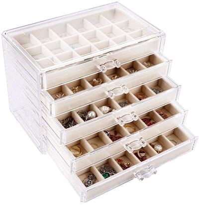 Dailygoods- Sieradenbox 5 Lagen - Sieraden Opbergdoos - Organisator voor Ringen/Earrings/Halskettingen - Velvet Bekleding - Acryl Buitenkant - 24 x 13,5 x 17 cm - Sieradenopbergdoos
