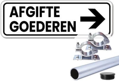 Bord afgifte goederen pijl rechts - Weerbestendig Aluminium - 40x15 cm - Bevestiging: Met paal 120 cm + paalbeugels + paaldop