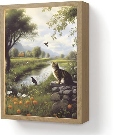 Wandlamp 30x40 cm - Oplaadbaar - Kat - Beekje - Weide - Wandlampen binnen woonkamer - Slaapkamer lamp - Decoratieve nachtlamp - Vloerlamp draadloos