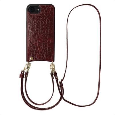 Selencia Hoesje - Geschikt voor Apple iPhone 17e / 16e - Croco Backcover met koord en pashouder - Choco Brown
