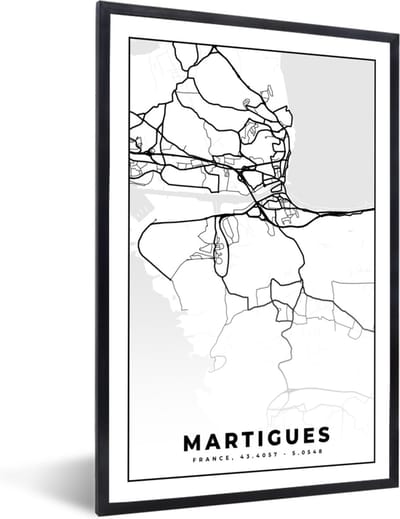 Fotolijst incl. Poster Zwart Wit- Kaart – Martigues - Stadskaart – Frankrijk – Plattegrond - Zwart wit - 40x60 cm - Posterlijst