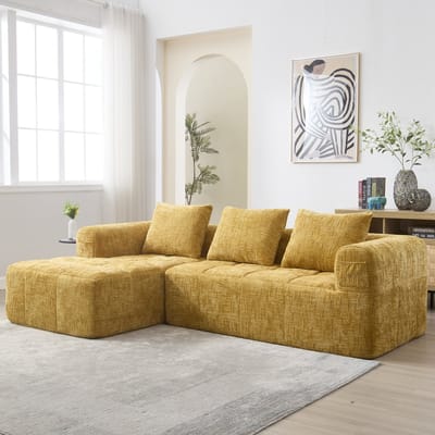 STILVORA Sofa - Modern L-Sofa - 3-Zits Chaise Longue - Met 2 Zijvakken en 3 Kussens - Chenille - Geel