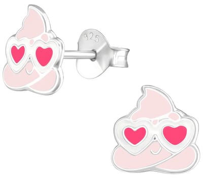 Joy|S - Zilveren Poo emoji oorbellen - roze met hartjes - 8 mm - oorknoppen