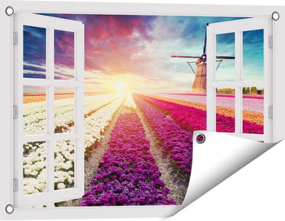 Gards Tuinposter Doorkijk Kleurrijke Tulpen Bloemenveld - Windmolen - 60x40 cm - Tuindoek - Tuindecoratie - Wanddecoratie buiten - Tuinschilderij