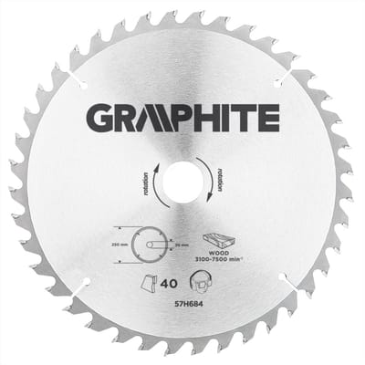Graphite Circelzaagblad voor Hout 250mm, Asgat 30mm, Tanden 40, Dikte 3,2, Vulringen 16/20/25, TCT