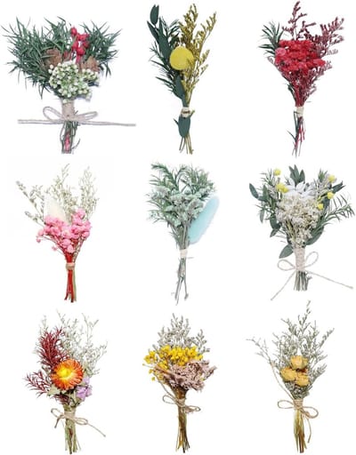 Mini boeketjes van gedroogde bloemen - 9 stuks, boho stijl, natuurlijk voor ambachten, bruiloften en cadeauverpakking