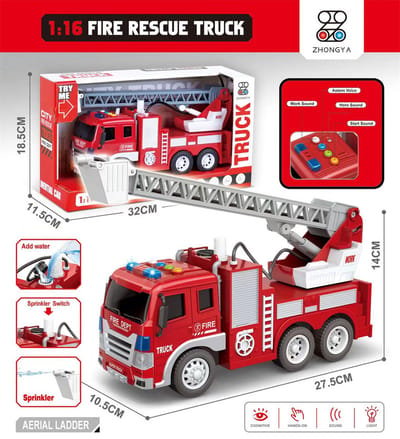 Brandweerwagen 1:16 - met sproeislang en ladderwagen - Frictiemotor - geluid en lichteffecten