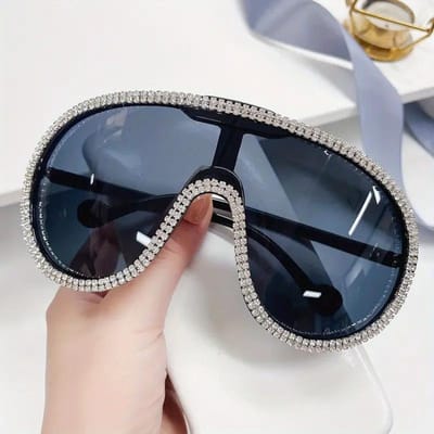 Modieuze Piloten Zonnebril dames Voor Vrouwelijke Luxe Designer Oversized Zonnebril Vintage Groot Montuur Eén Stuk Diamant Kristal Tinten As the picture