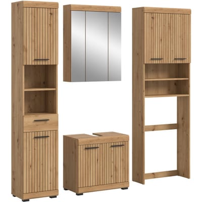 Moderne 4-delige badcombinatie in zwart - Hoge kast met wastafel en spiegelkast - 190x191x34cm