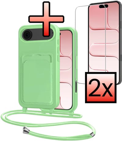 Hoes Geschikt voor iPhone Air Hoesje Pasjeshouder Cover Met Koord Case Siliconen Hoes Met Telefoonkoord en Kaarthouder Met 2x Screenprotector - Groen