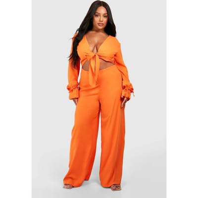 boohoo Dames Plus Geweven Knoop Voorkant Lange Mouw Jumpsuit | Oranje | Maat: 56
