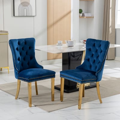 Eetkamerstoel - Set van 2 - Velvet - Eetkamerstoelen - Eettafelstoel - Keukenstoel - Modern Design - Blauw, goudkleurig