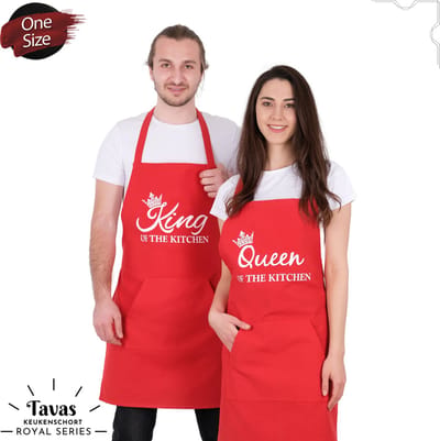 Set van 2 Rood | 60x80 cm | King & Queen of the Kitchen | 2 Keukenschorten | Kookschort met zakken | Keukenschort dames | Keukenschort voor vrouwen | Keukenschort voor mannen | cadeutje- met Cadeaubox | Kook- BBQ