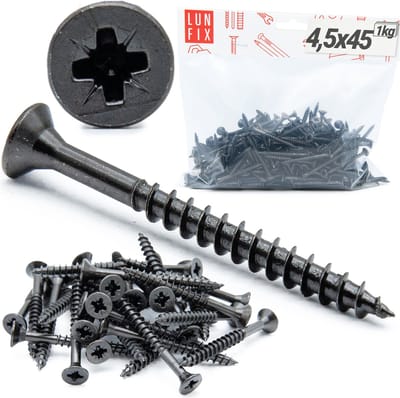 LUN FIX - Houtschroeven - 4,5x45 mm - 1 kg (ca. 330 stk.) - Zwart Verzinkt Gehärtet - Zelfsnijdende Schroeven Gyproc