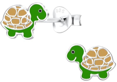 Joy|S - Zilveren schildpad oorbellen - 9 x 6 mm - bruin groen