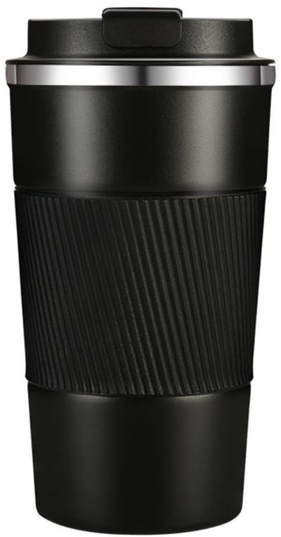 EXCITAT Geïsoleerde koffiemok - Geïsoleerde automok van roestvrij staal met deksel - Lekvrije reiskoffiemok - Geschikt voor warme en koude koffie, melk en thee - 380 ml - Zwart