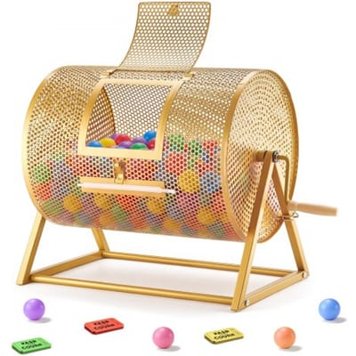 VEVOR lottrommel, 410xØ302 mm, lottrommel met een capaciteit van 5000 loten of 200 lotballen, lottrommel met slinger en driehoekige standaard, voor evenementen en feesten, goudkleurig