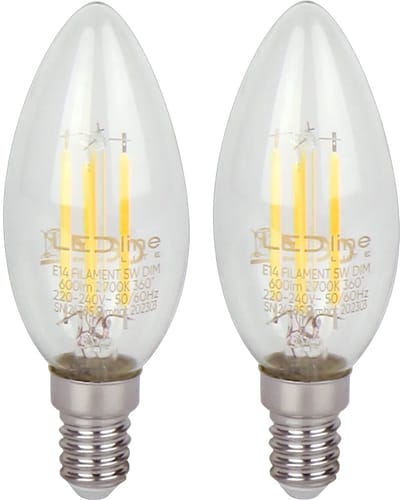 LED line LITE LED Filament Kaarslamp C35 E14 - 5W (vervangt 50W) - 600lm - Ø35mm - 230V - Dimbaar - Energiezuinig - 2 stuks