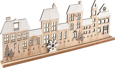 Dekoratief | Kalender m/huizen/bomen, naturel/wit, hout, 45x4x17cm | A235565