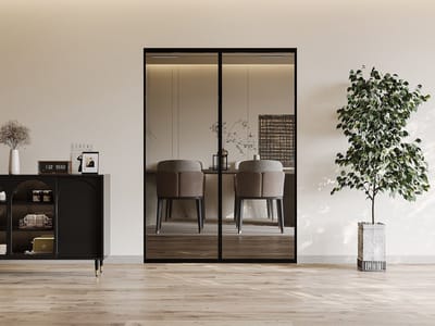 Vente-unique Dubbele schuifdeur met schuifsysteem - Aluminium en gerookt gehard glas - 2 x H205 x B63 cm - LINCI II L 63 cm x H 205 cm x D 4 cm