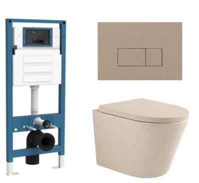 QeramiQ Dely Toiletset - inbouwreservoir Qeramiq Flush - 35mm zitting - kunststof taupe bedieningsplaat - rechthoekige knoppen - beige