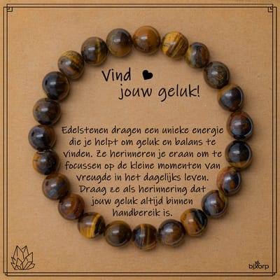 Bixorp Tijgeroog Armband op Cadeau Kaartje - Vind jouw Geluk - 8mm / 17cm Edelsteen Kralenarmband - Inclusief Cadeau Envelop