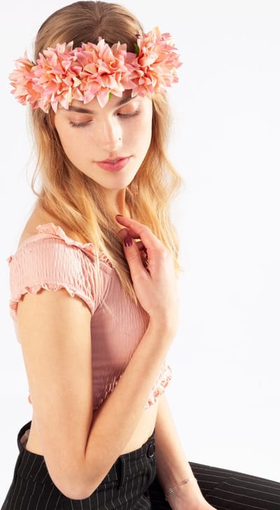 KIMU® Bloemenkrans Haar Dahlia Peach - Roze Bloemen Haarband Diadeem - Haaraccessoire Bloemetjes - Hippie Communie Festival