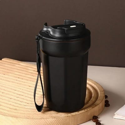 Draagbare Koffiekop Dubbellaags Roestvrijstalen Thermosbekers met Touw Effen Kleur Lekvrij Buiten Reizen Kantoor Waterfles 390ml black