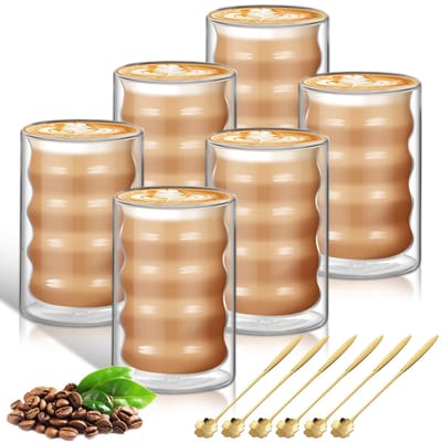 Koffiekopjes van glas, dubbelwandig, 6 x 400 ml, melkbeker macchiato met 6 theelepels cappuccinoglazen, isolatie van borosilicaatglas, dubbelwandige transparante koffiekopjes