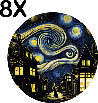 Luxe Ronde Placemat - Abstracte Stad in de Nacht - Set van 8 Placemats - 50x50 cm - 2 mm dik Vinyl - Anti Slip - Afneembaar