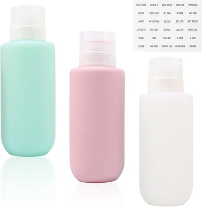 Famanu – Siliconen reisflessen - 200 ml - lekvrije reiscontainer en reis-toiletartikelset - navulbare vloeistofcontainer voor lichaamsverzorging - met 1 vel etikettensticker