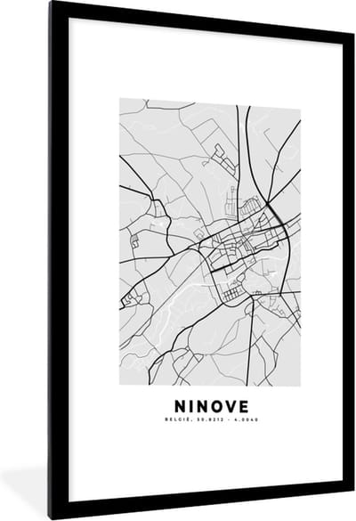 Fotolijst incl. Poster Zwart Wit- Stadskaart – Plattegrond – België – Zwart Wit – Ninove – Kaart - 60x90 cm - Posterlijst