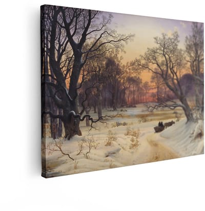 Artaza Canvas Schilderij Winterlandschap - 120x90 cm - Wanddecoratie Zonsondergang - Muurdecoratie Paard En Slee - Decoratie Besneeuwd Bos