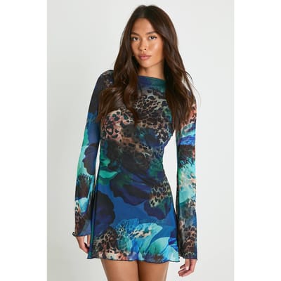 boohoo Dames Florale Mesh Minijurk met Uitlopende Mouwen | Kobaltblauw | Maat: 36