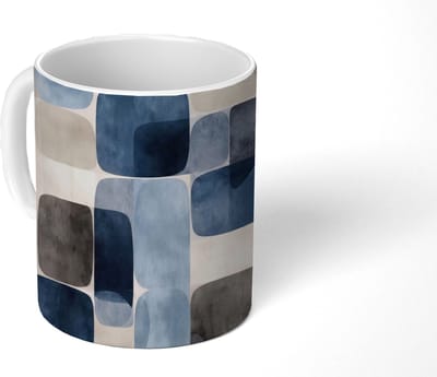 Mok - Koffiemok - Patroon - Blauw - Vierkanten - Mokken - 350 ML - Beker - Koffiemokken - Theemok