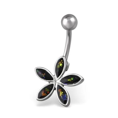 Aramat Jewels | Navelpiercings | Zwarte Opalen Bloem Navelpiercing Zilverkleurig | | | |12mm | Staal | Volwassenen | Verkleurd niet