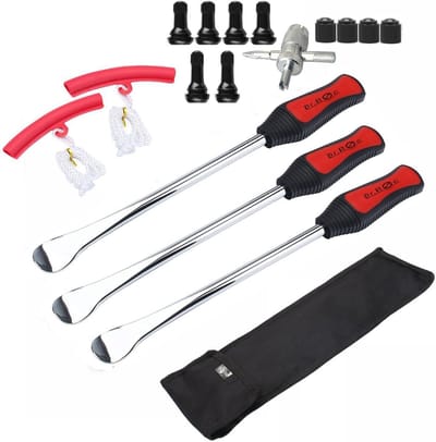 SnelShoppen - Professionele Bandenwisselset voor Motorfiets en Fiets - 3 delige Set Bandenlevers met Opbergdoos - Duurzaam Staal - Inclusief Ventielen
