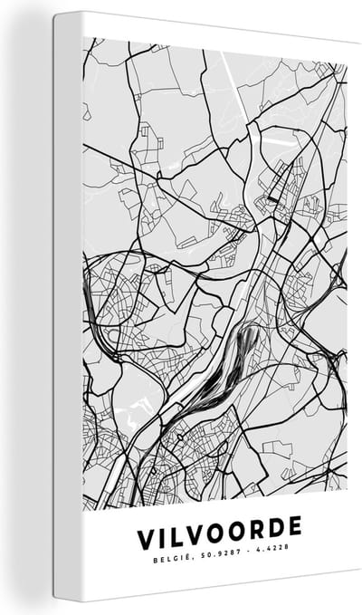Canvas Schilderij Plattegrond – Vilvoorde – Zwart Wit – Stadskaart - Kaart - 20x30 cm - Wanddecoratie