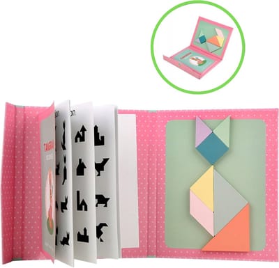 Tangram Puzzel - Konijn - Roze - 96 Puzzels - Magneetboek - Houten Puzzel - Vormen Puzzel - Puzzelboek - Reisspel - Reis Speelgoed - Educatief Speelgoed - Ruimtelijk Inzicht - Motorisch Speelgoed - Puzzelboek - Peuters en Kleuters