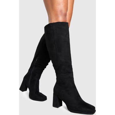 boohoo Dames Wide Fit blokhiel kniehoge laarzen | Black | Maat: 3