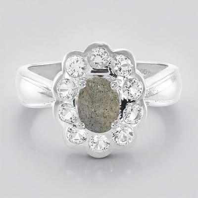 Cavill - 925 Sterling Zilveren ring - 0.64 ct ovale Labradoriet & 0.82 ct witte Topaas - Elegante damesring 24x20 mm