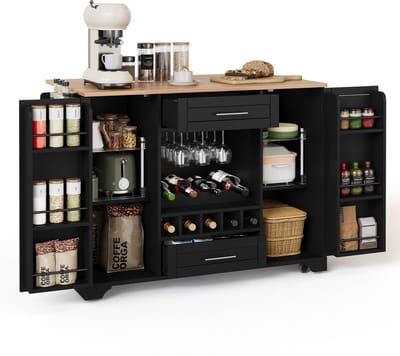 Keukeneiland op wielen - Met inklapbaar werkblad en wijnrek - Kasten en lades voor extra opbergruimte - Voor keuken en eetkamer - Zwart MDF