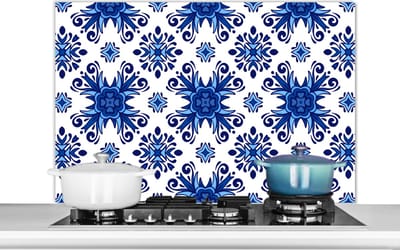 Spatscherm keuken 100x65 cm - Kookplaat achterwand Tegel - Bloem - Blauw - Patroon - Muurbeschermer - Spatwand fornuis - Hoogwaardig aluminium