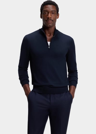 BOSS Ebenji regular fit half-zip trui wol - heren trui middeldik met korte rits - donkerblauw
