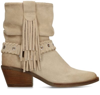 Manfield - Dames - Beige suède enkellaarsjes met franjes - Maat 40