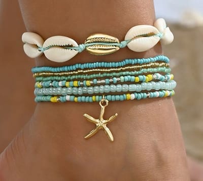 enkelbandjes set - kralen - aqua - 6 stuks - schelpen