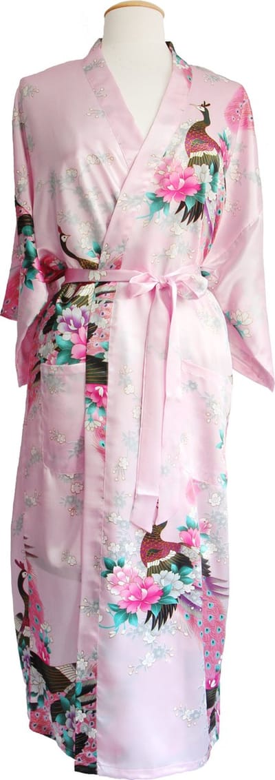 KIMU® Kimono Lichtroze 3/4 - Maat XS-S - Yukata Satijn Onder de Knie - Driekwarts Roze Ochtendjas Japanse Kamerjas Sexy Satijnen Badjas Geisha 152 158 Festival