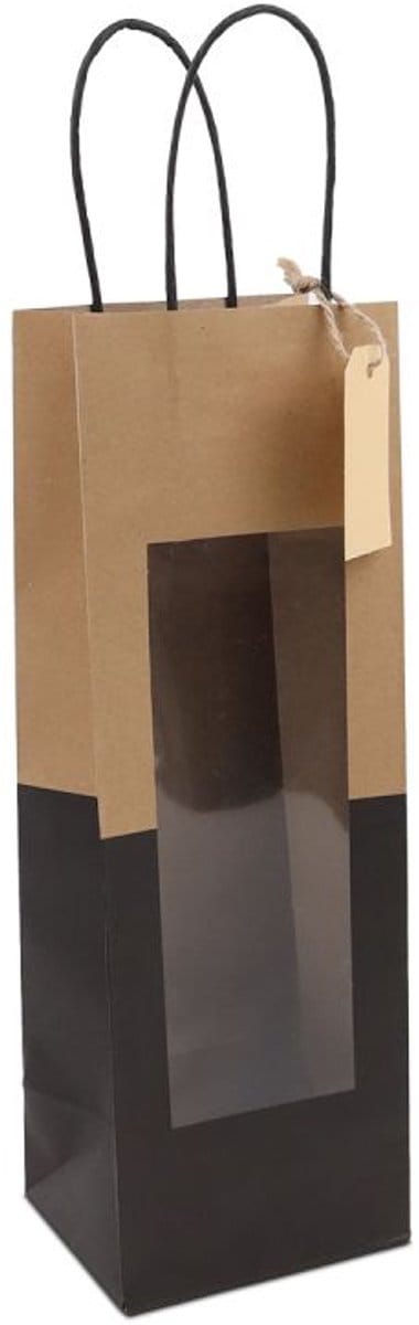 Papieren Cadeautas + Venster & Hangtag - Zwart/Bruin - 12x10x35cm - 100 st/ds.